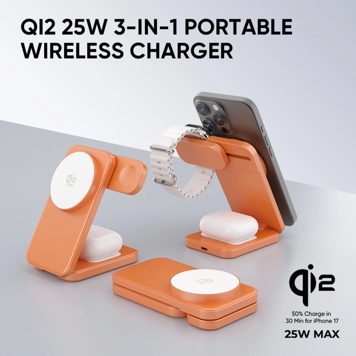 REDEFYNE Qi2.2 25W 3-IN-1 Portable Wireless Charger - Orange (with 45W USB-C Charger Plug & 1M USB-C Cable) (Compatible with Apple Watch)