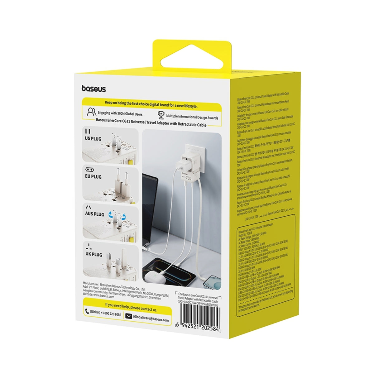 Baseus EnerCore CG11 Universal Travel Adapter with Retractable Cable 2AC+2U+2C 70W Off - MyMobile
