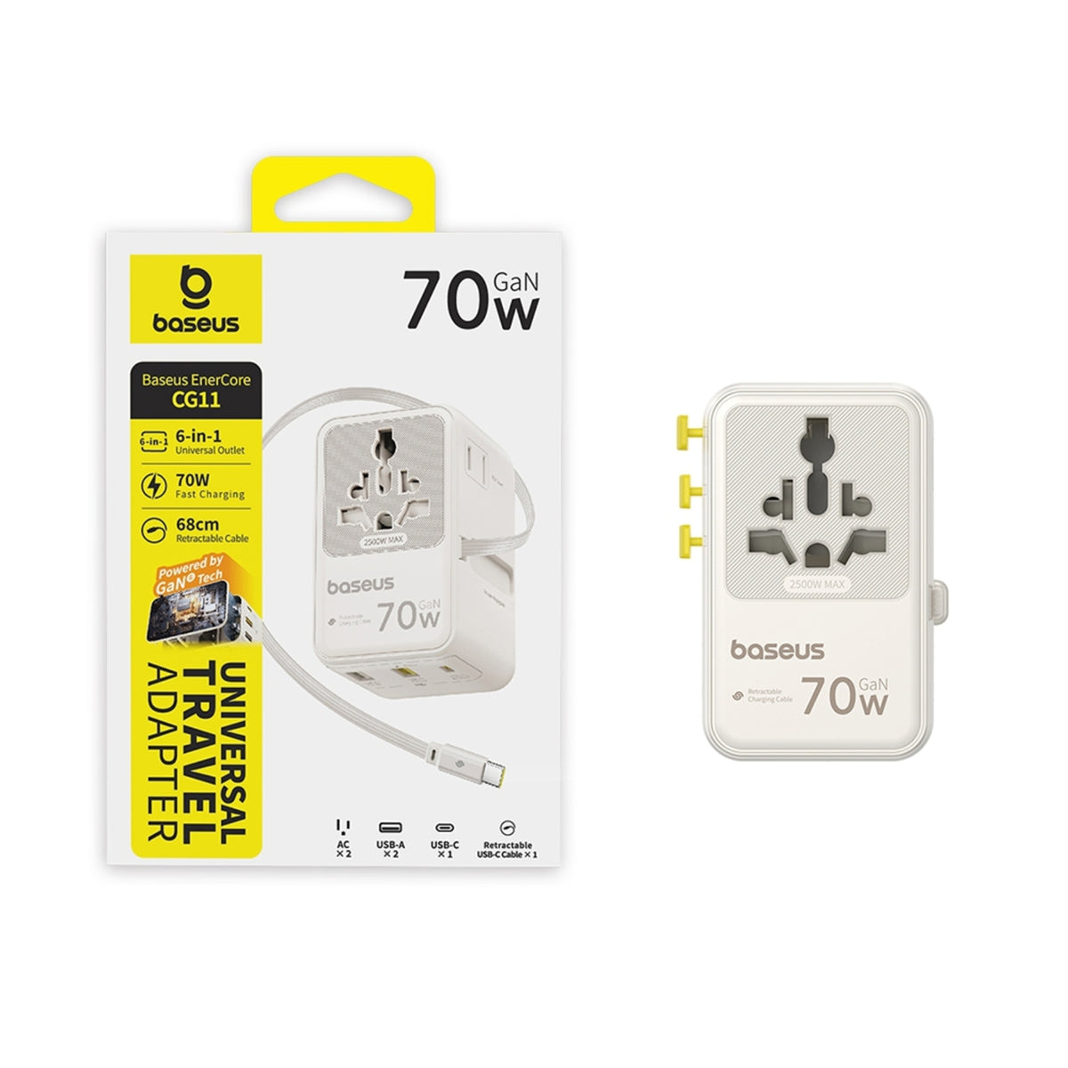 Baseus EnerCore CG11 Universal Travel Adapter with Retractable Cable 2AC+2U+2C 70W Off - MyMobile