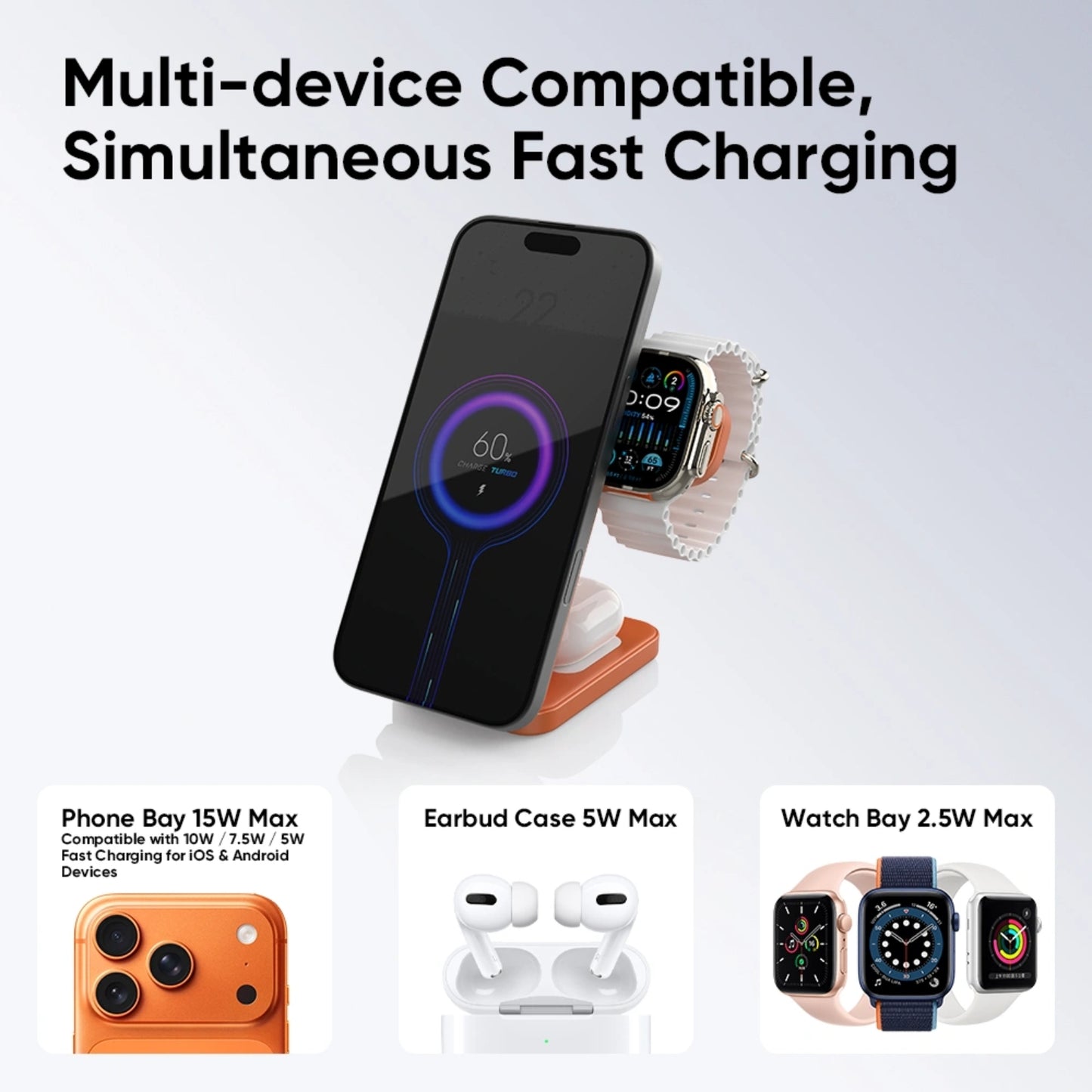 REDEFYNE Qi2.2 25W 3-IN-1 Portable Wireless Charger - Orange (with 45W USB-C Charger Plug & 1M USB-C Cable) (Compatible with Apple Watch)