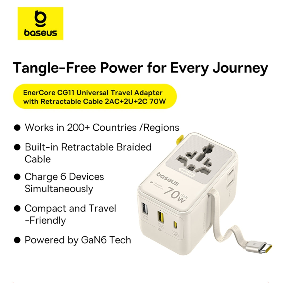 Baseus EnerCore CG11 Universal Travel Adapter with Retractable Cable 2AC+2U+2C 70W Off - MyMobile