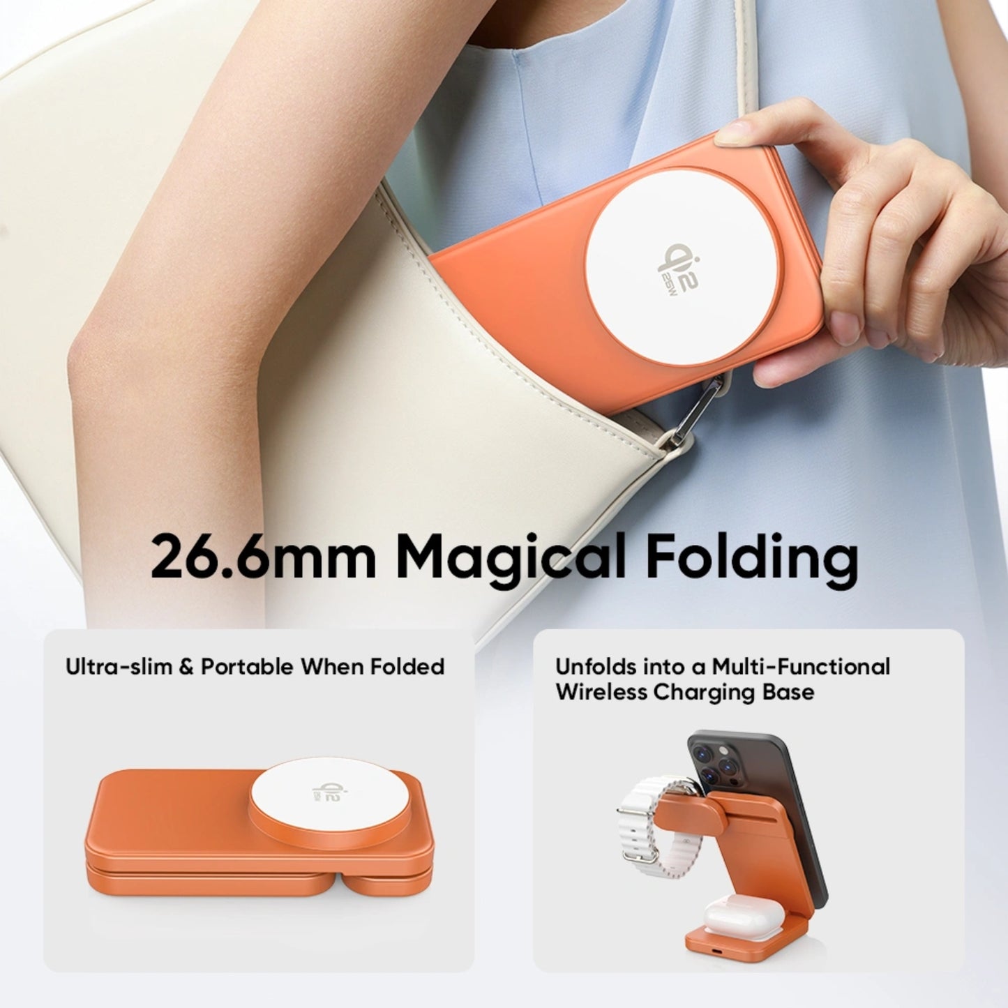 REDEFYNE Qi2.2 25W 3-IN-1 Portable Wireless Charger - Orange (with 45W USB-C Charger Plug & 1M USB-C Cable) (Compatible with Apple Watch)