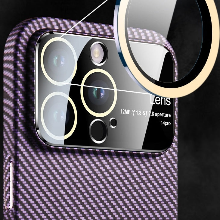 Magnetic Carbon Fiber Large Window Frosted Phone Case For iPhone 14