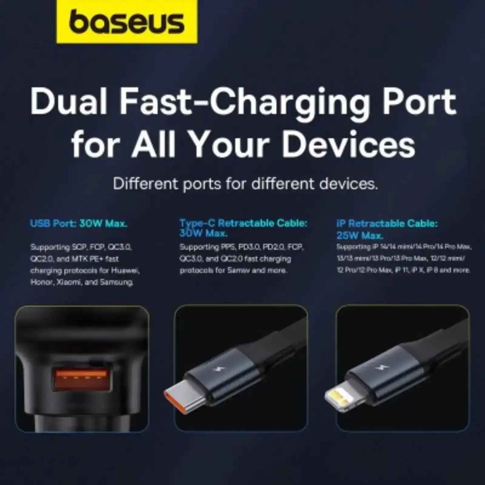 Baseus Enjoyment Pro Car Charger U+Retractable Type-C Cable 60W-Cluster Black