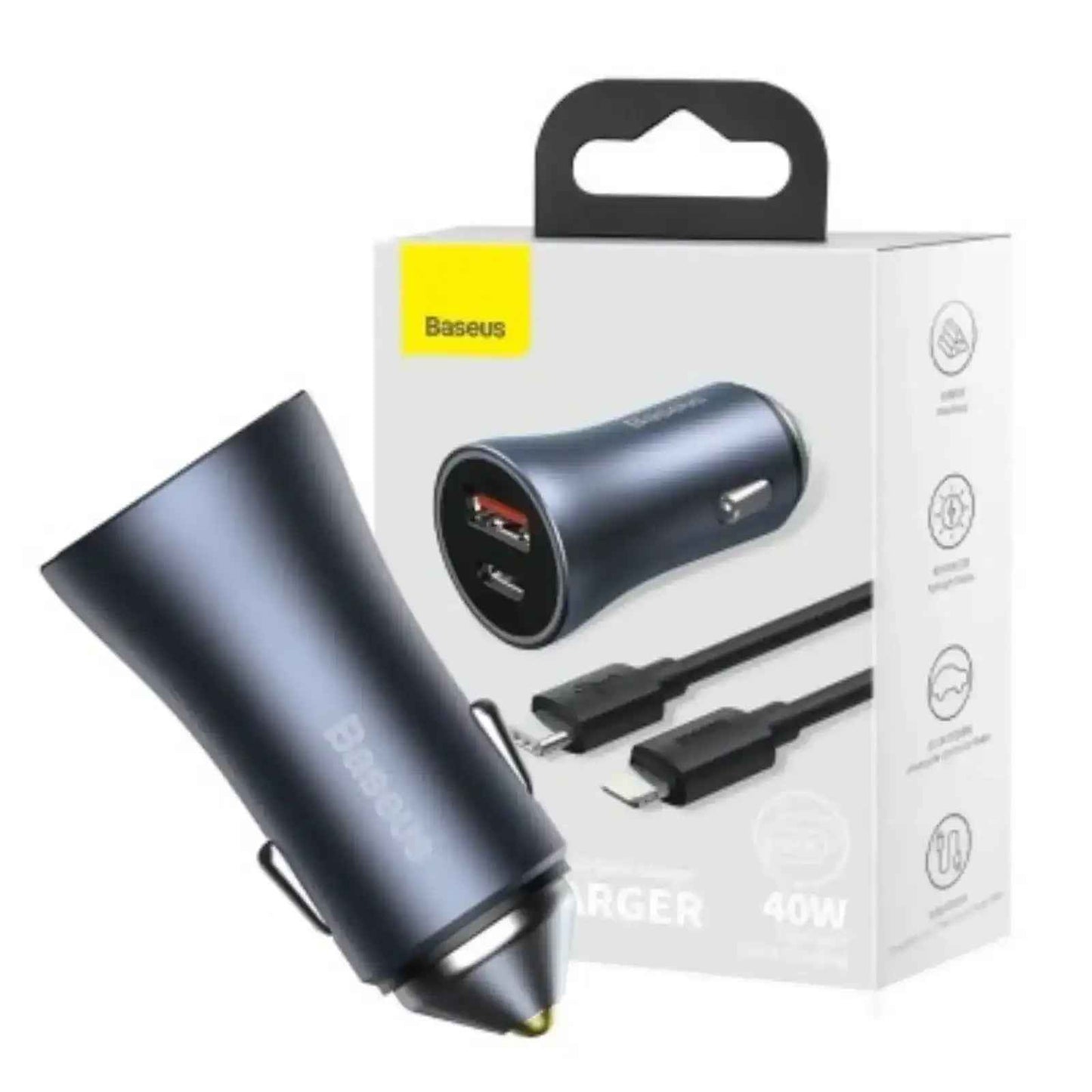 Baseus Golden Contactor Pro Dual Quick Charger Car Charger U+C 40W (With Simple Wisdom Data Cable Type-C to iP 1m)-Dark Gray