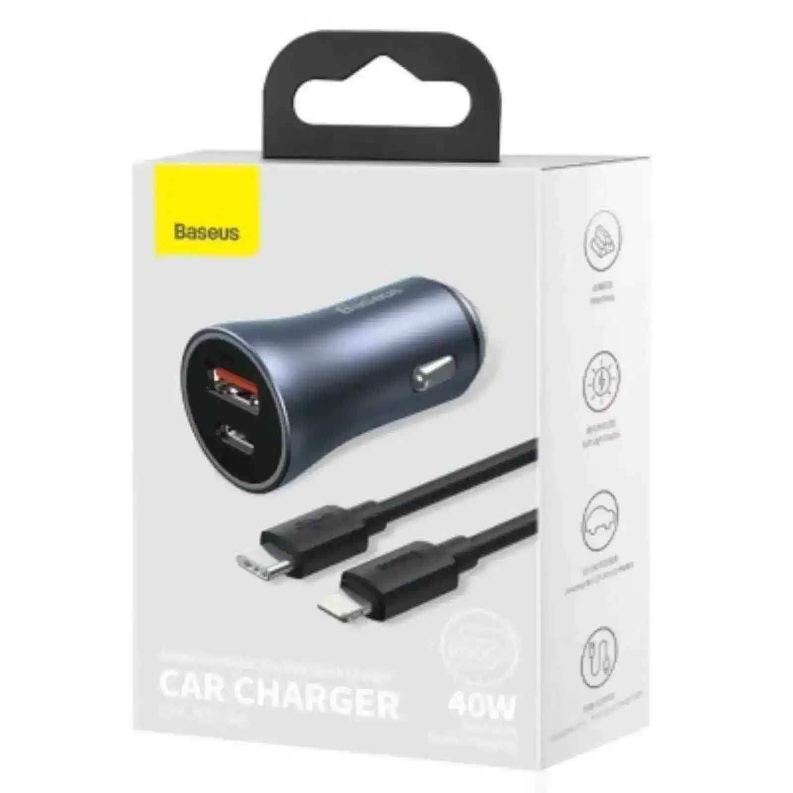 Baseus Golden Contactor Pro Dual Quick Charger Car Charger U+C 40W (With Simple Wisdom Data Cable Type-C to iP 1m)-Dark Gray