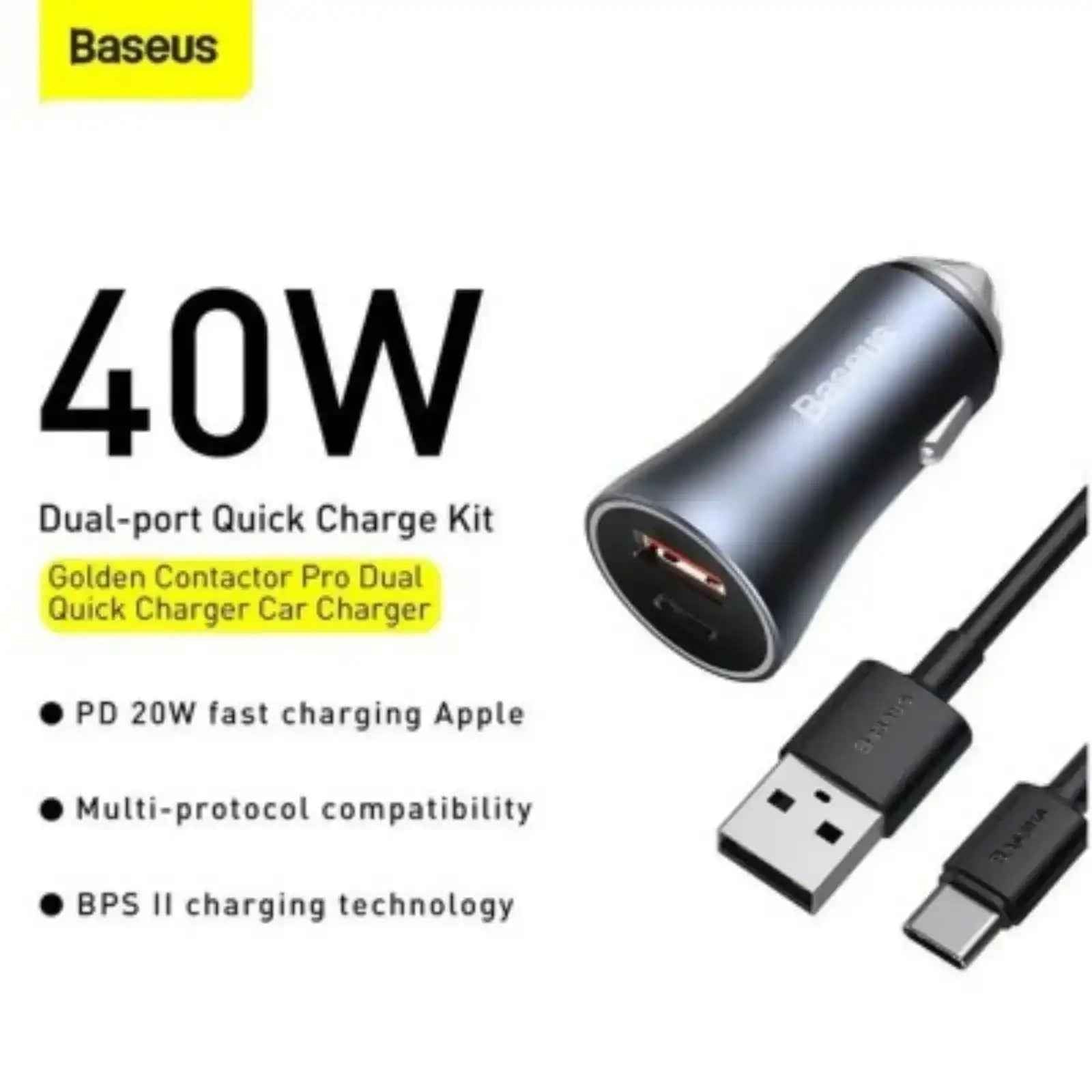 Baseus Golden Contactor Pro Dual Quick Charger Car Charger U+C 40W (With Simple Wisdom Data Cable Type-C to iP 1m)-Dark Gray