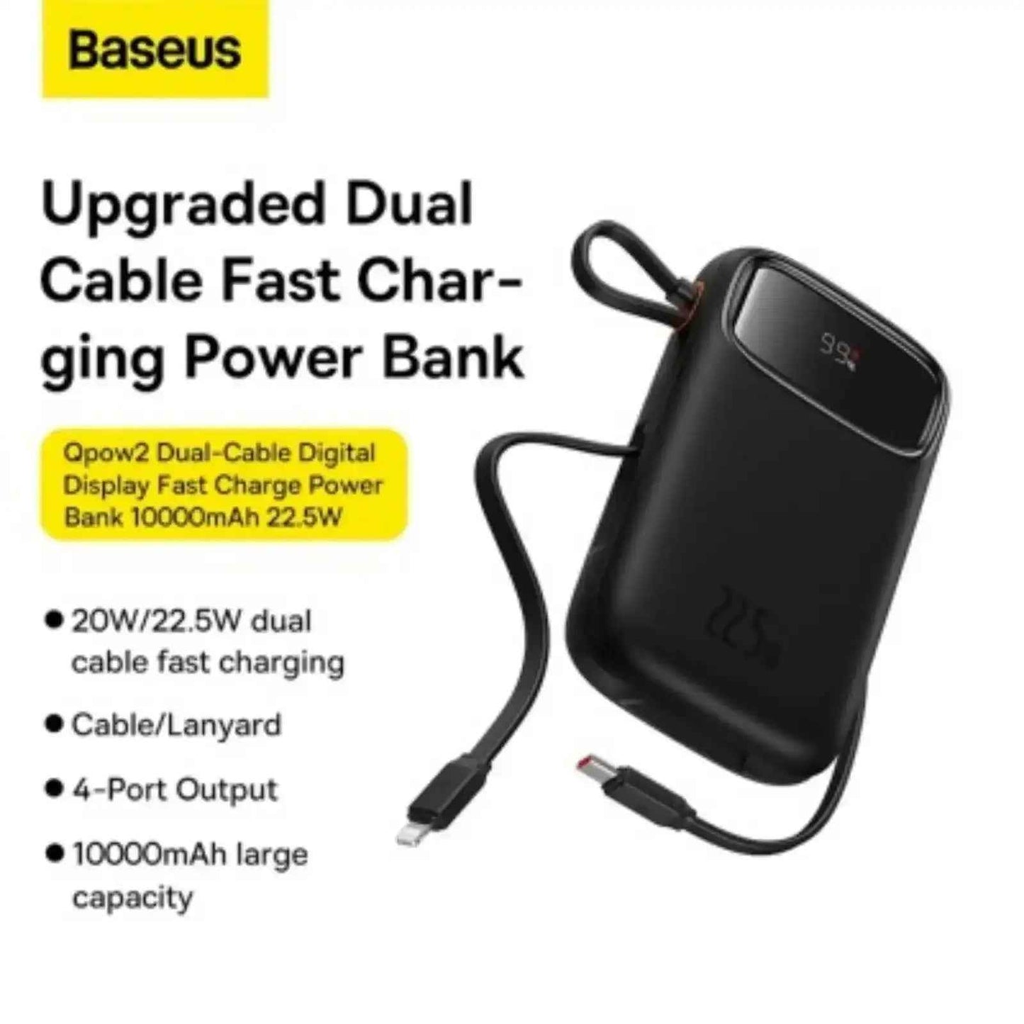 Baseus Qpow2 Dual-Cable Digital Display Fast Charge Power Bank 20000mAh 22.5W Cluster-Black