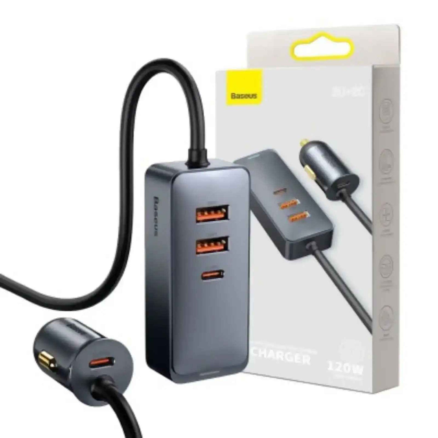 Baseus Share Together PPS Multi-port Fast Charging Car Charger with Extension Cord 120W 2U+2C-Gray