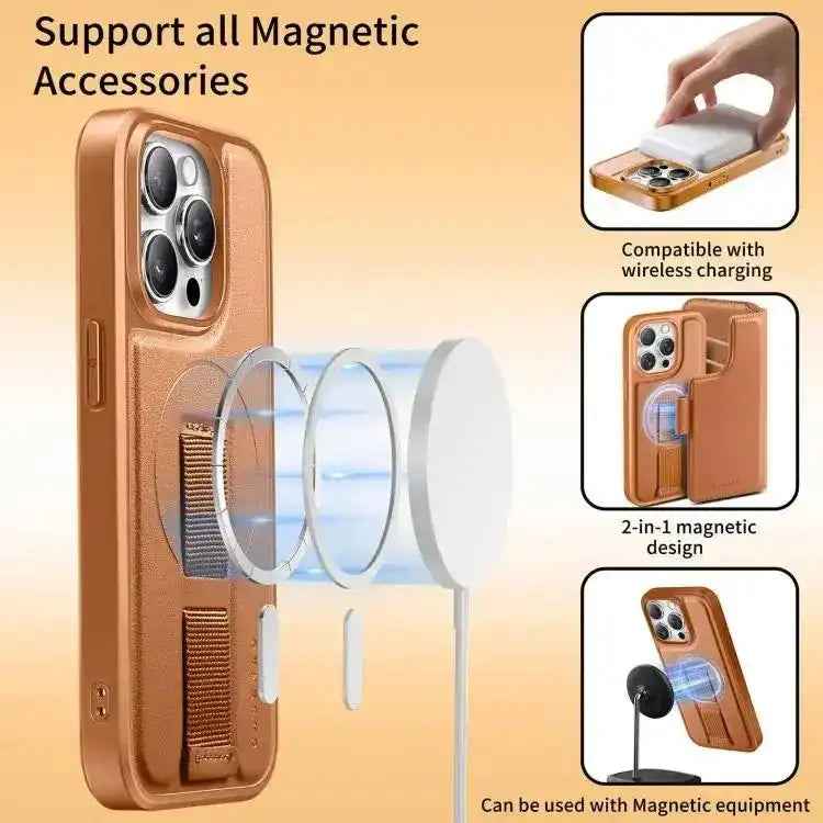 CaseNeo Finger Grip Strap MagSafe Leather Phone Case