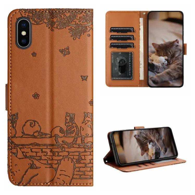 Cat Embossing Pattern Leather Phone Case with Lanyard MyMobile