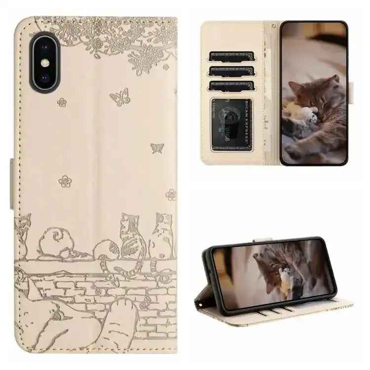 Cat Embossing Pattern Leather Phone Case with Lanyard