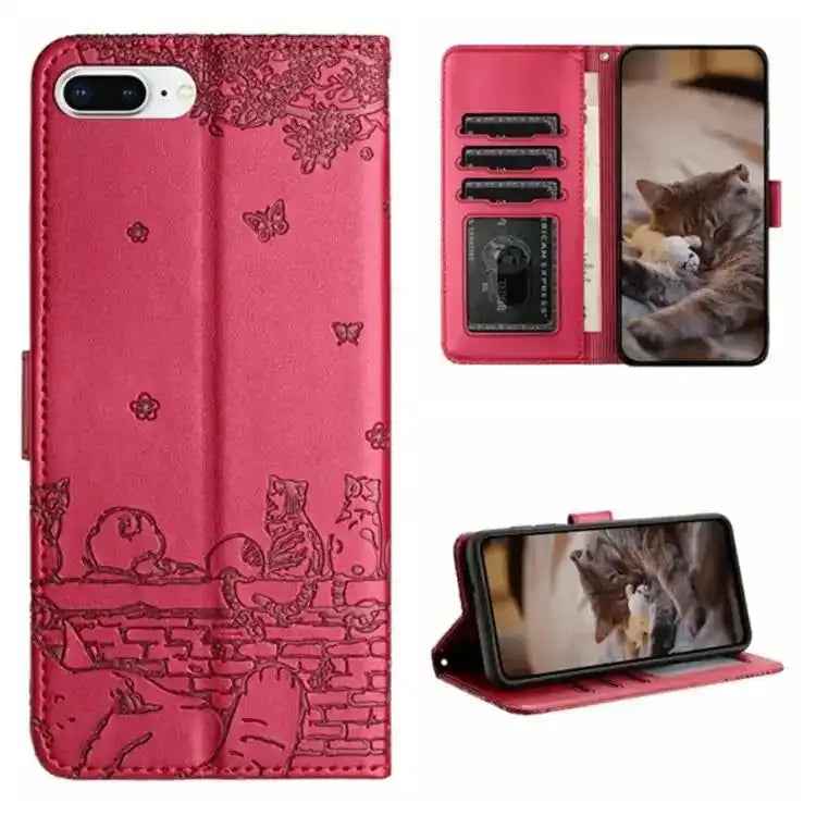 Cat Embossing Pattern Leather Phone Case with Lanyard