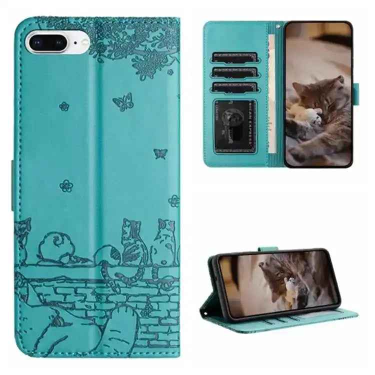 Cat Embossing Pattern Leather Phone Case with Lanyard