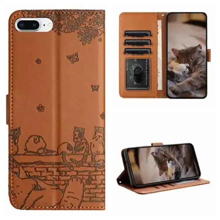 Cat Embossing Pattern Leather Phone Case with Lanyard