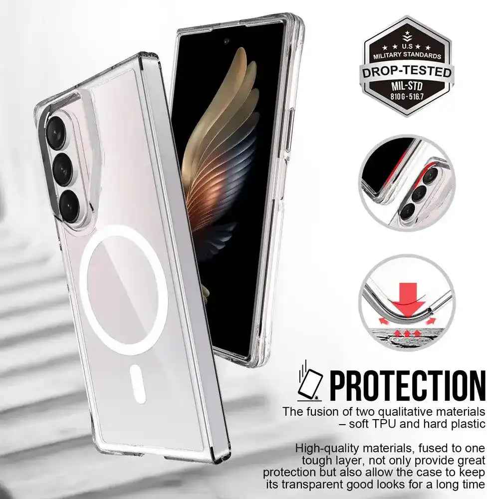 Crystal Clear Transparent Case Cover With Magnetic Ring for Samsung Galaxy Z Fold7-Transparent