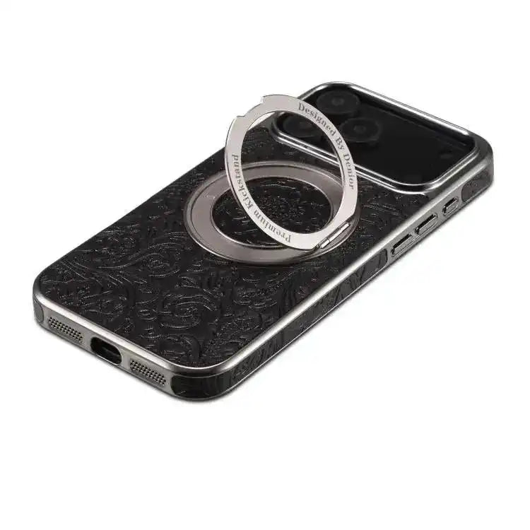 Denior A23 Retro Flower Texture Magnetic Holder Electroplating Genuine Leather Phone Case Denior