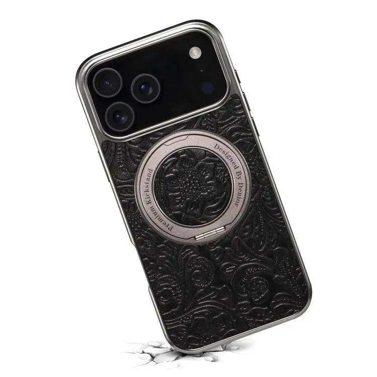 Denior A23 Retro Flower Texture Magnetic Holder Electroplating Genuine Leather Phone Case Denior