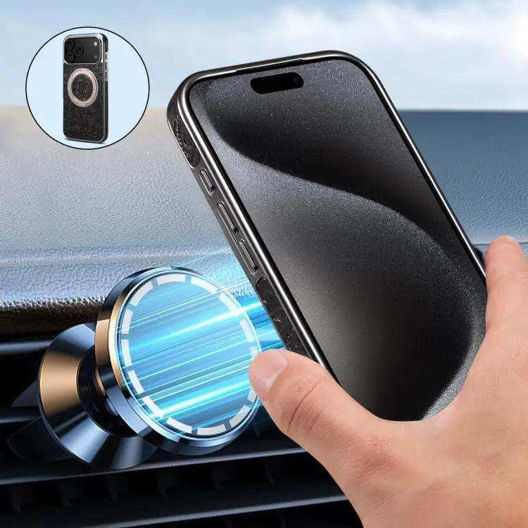 Denior A23 Retro Flower Texture Magnetic Holder Electroplating Genuine Leather Phone Case Denior