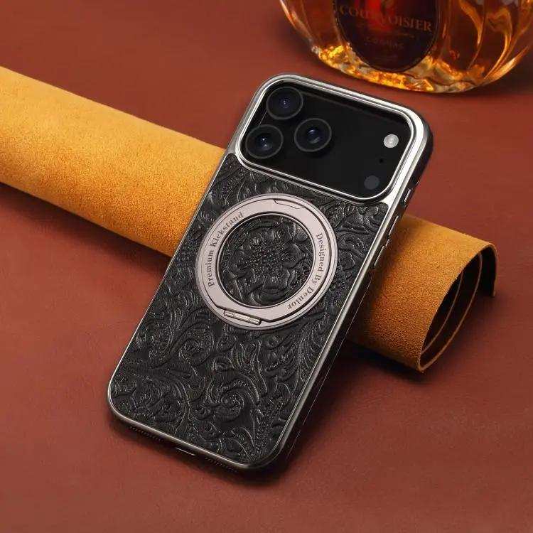 Denior A23 Retro Flower Texture Magnetic Holder Electroplating Genuine Leather Phone Case Denior