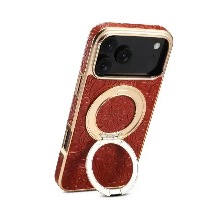 Denior A23 Retro Flower Texture Magnetic Holder Electroplating Genuine Leather Phone Case Denior