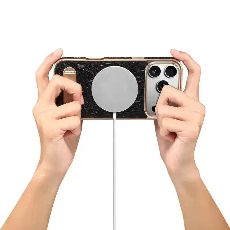 Denior A25 Retro Flower Texture MagSafe Genuine Leather Phone Case with Holder Denior