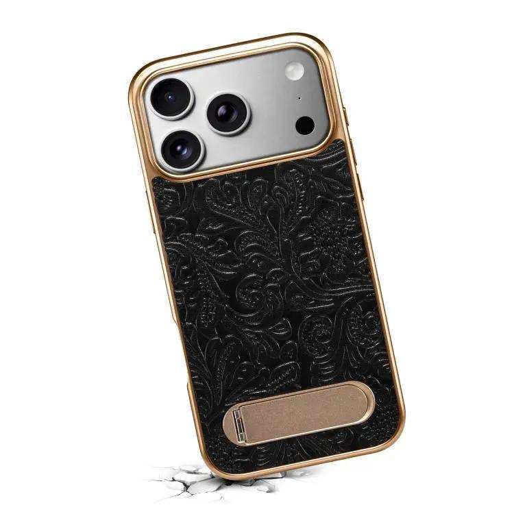 Denior A25 Retro Flower Texture MagSafe Genuine Leather Phone Case with Holder Denior