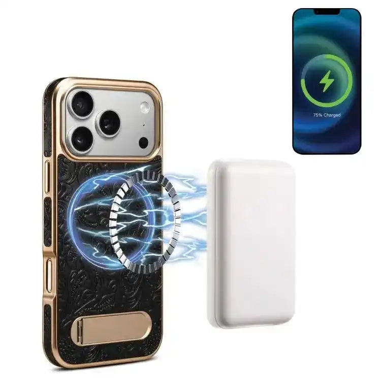 Denior A25 Retro Flower Texture MagSafe Genuine Leather Phone Case with Holder Denior