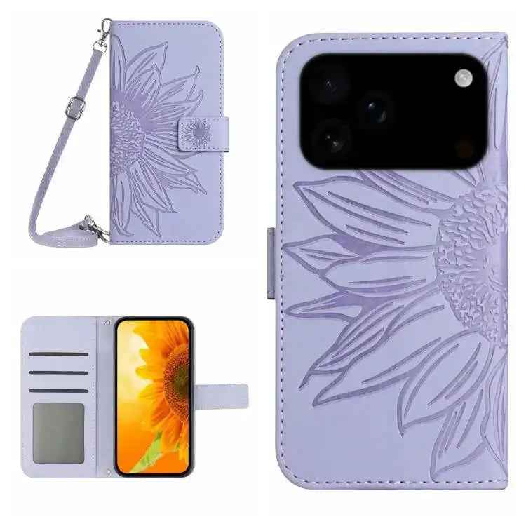 Skin Feel Sun Flower Embossed Flip Leather Phone Case with Lanyard