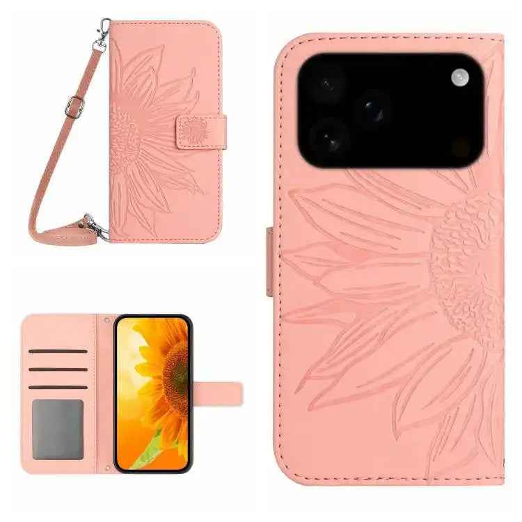 Skin Feel Sun Flower Embossed Flip Leather Phone Case with Lanyard