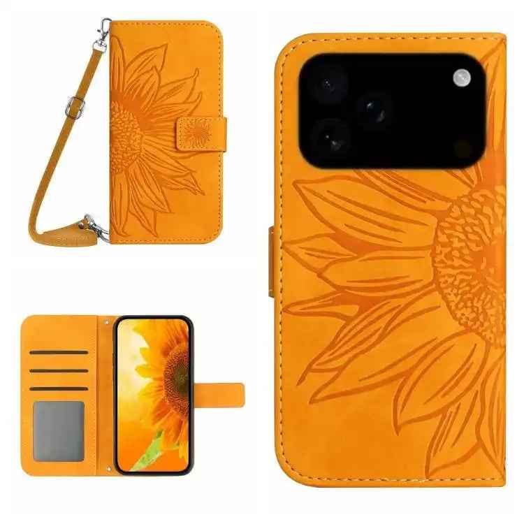 Skin Feel Sun Flower Embossed Flip Leather Phone Case with Lanyard