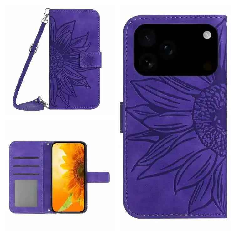 Skin Feel Sun Flower Embossed Flip Leather Phone Case with Lanyard