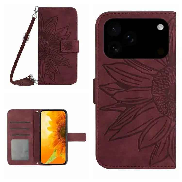 Skin Feel Sun Flower Embossed Flip Leather Phone Case with Lanyard