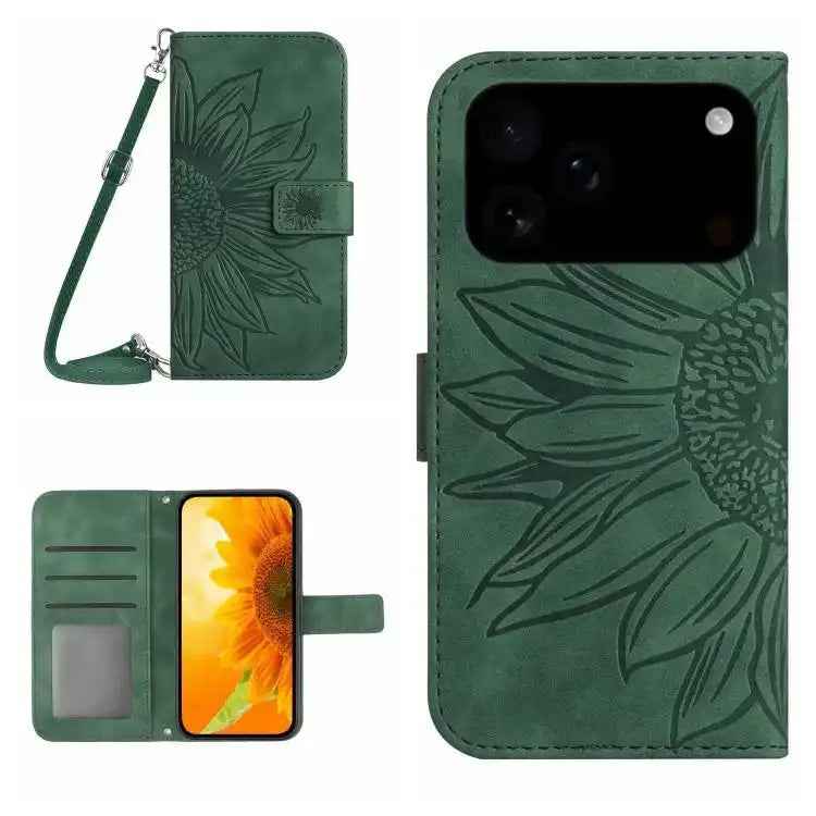 Skin Feel Sun Flower Embossed Flip Leather Phone Case with Lanyard
