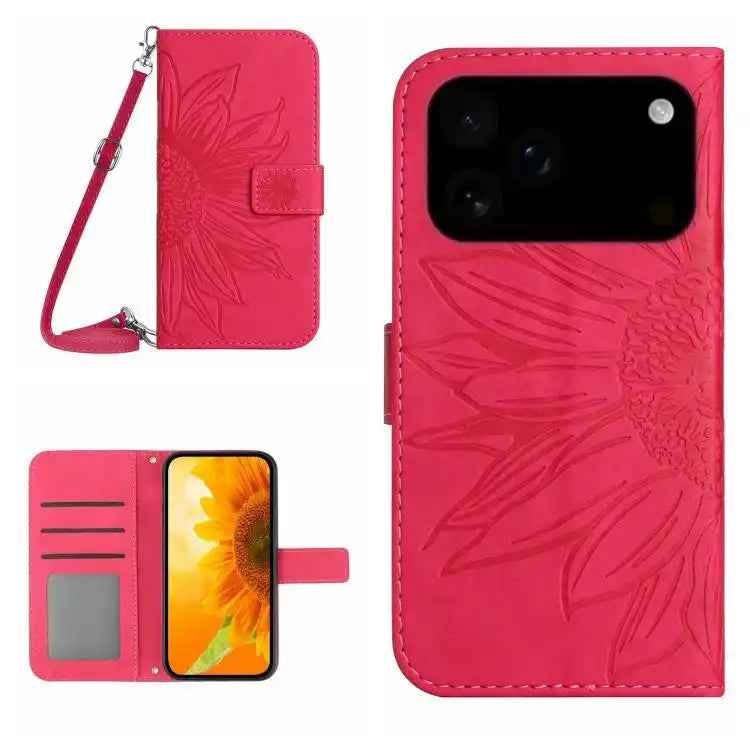 Skin Feel Sun Flower Embossed Flip Leather Phone Case with Lanyard