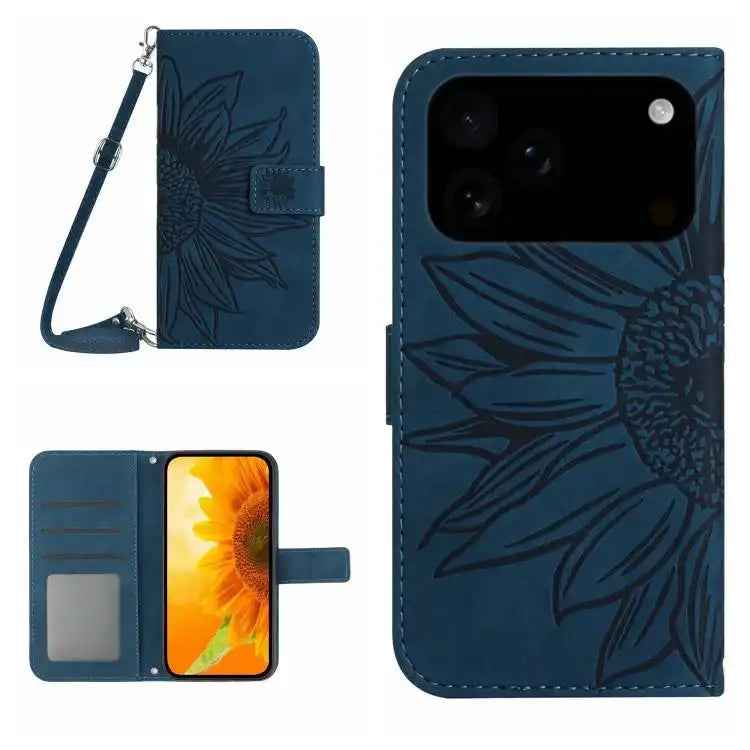 Skin Feel Sun Flower Embossed Flip Leather Phone Case with Lanyard