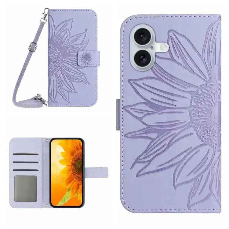 Skin Feel Sun Flower Embossed Flip Leather Phone Case with Lanyard