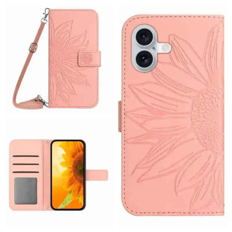 Skin Feel Sun Flower Embossed Flip Leather Phone Case with Lanyard