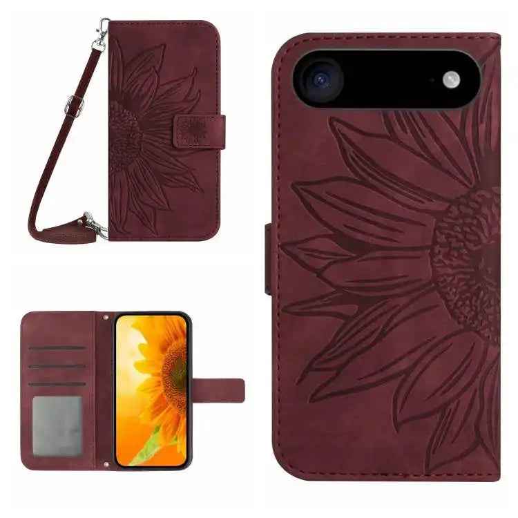 Skin Feel Sun Flower Embossed Flip Leather Phone Case with Lanyard