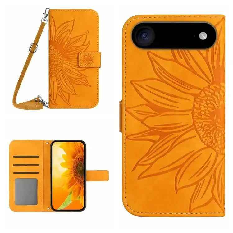 Skin Feel Sun Flower Embossed Flip Leather Phone Case with Lanyard
