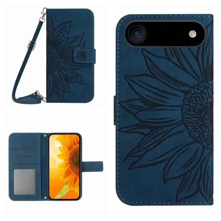 Skin Feel Sun Flower Embossed Flip Leather Phone Case with Lanyard
