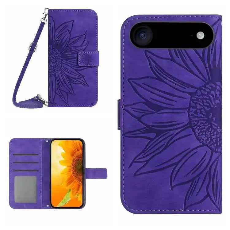 Skin Feel Sun Flower Embossed Flip Leather Phone Case with Lanyard