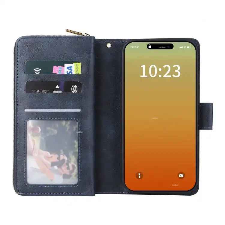 9 Card Slots Zipper Wallet Bag Leather Phone Case