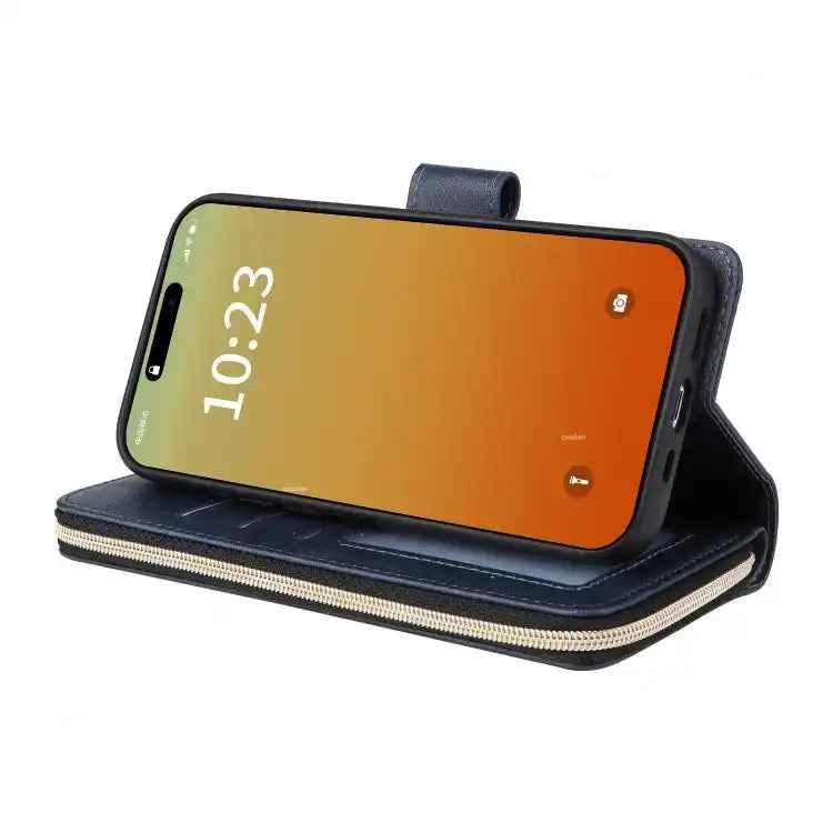 9 Card Slots Zipper Wallet Bag Leather Phone Case