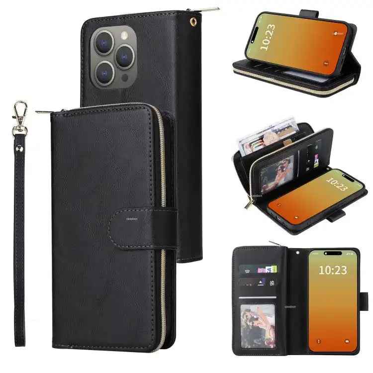 9 Card Slots Zipper Wallet Bag Leather Phone Case