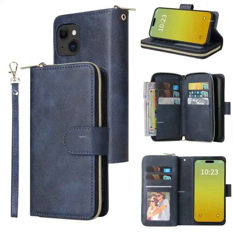 9 Card Slots Zipper Wallet Bag Leather Phone Case