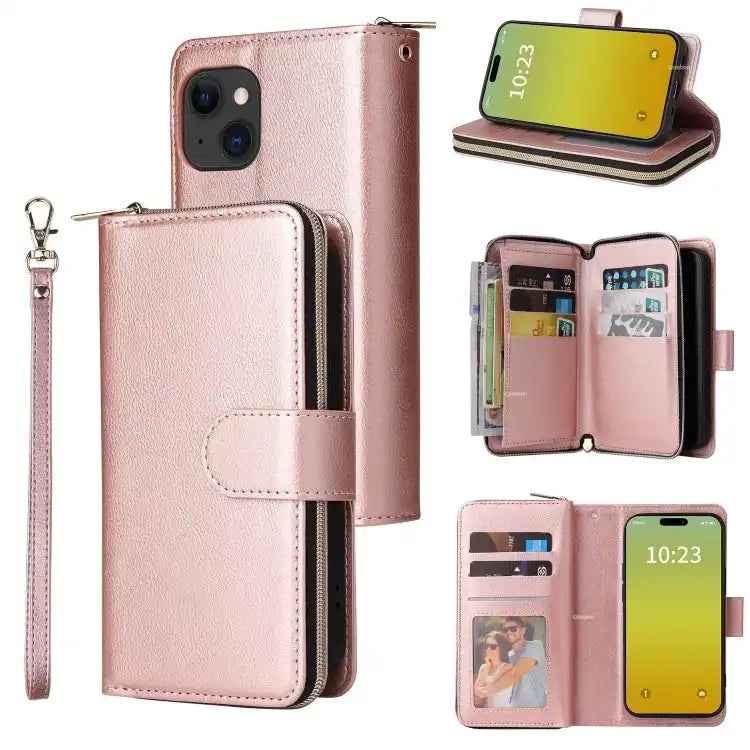 9 Card Slots Zipper Wallet Bag Leather Phone Case