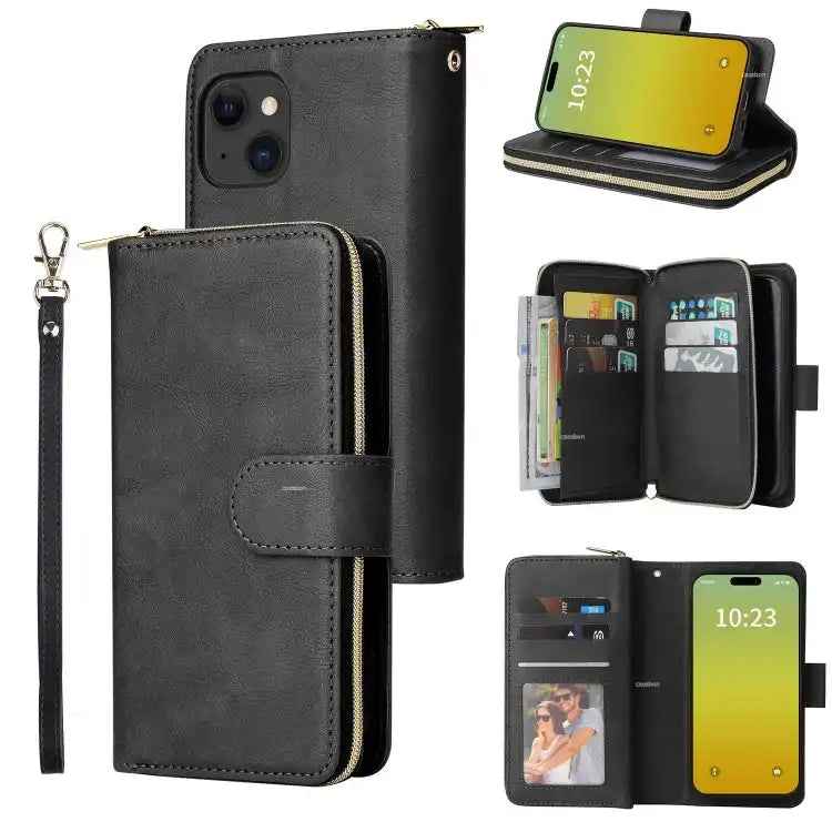 9 Card Slots Zipper Wallet Bag Leather Phone Case