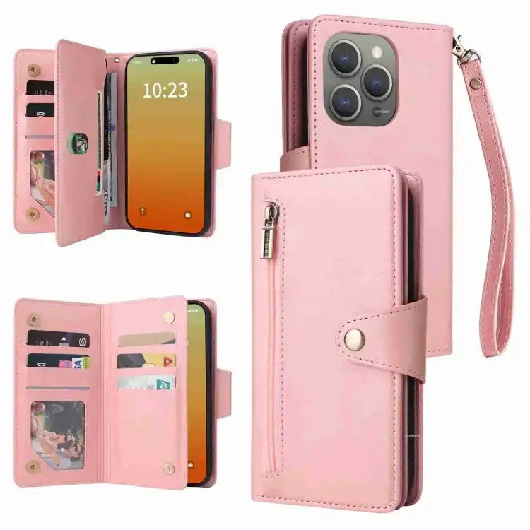 Rivet Buckle 9 Cards Three Fold Leather Phone Case MyMobile