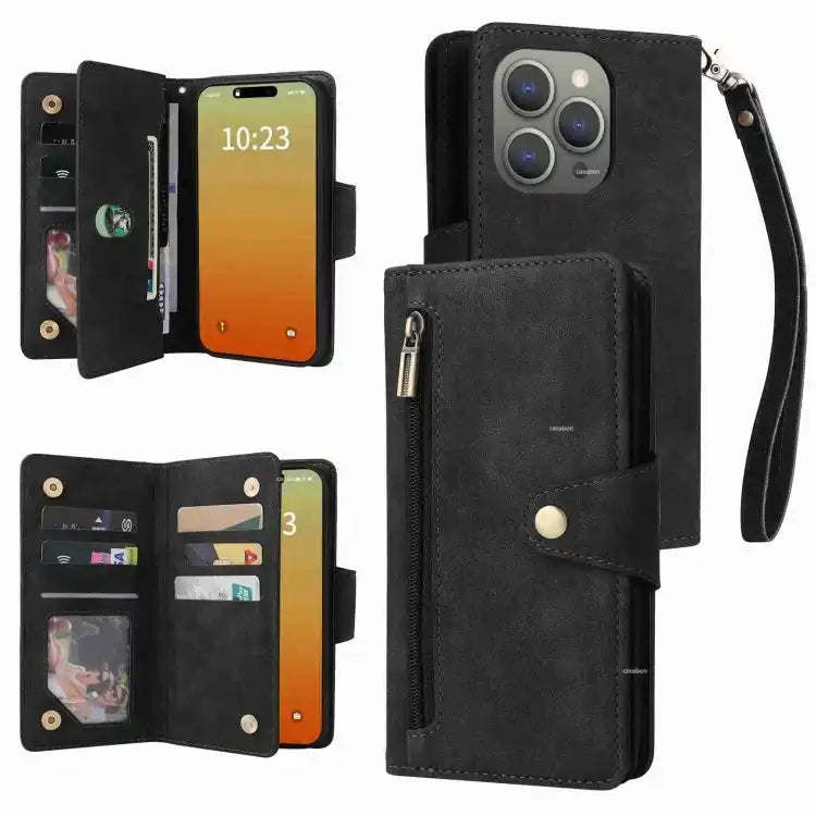 Rivet Buckle 9 Cards Three Fold Leather Phone Case MyMobile